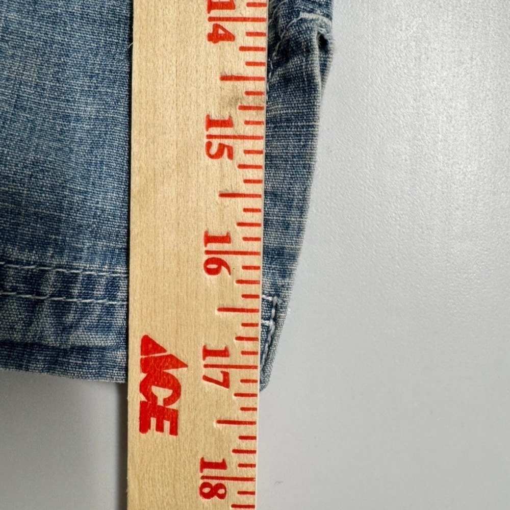 French Cuff Denim Mini Skirt Blue Cotton Purple Button Utility Pockets Size 8 - Picture 7 of 9